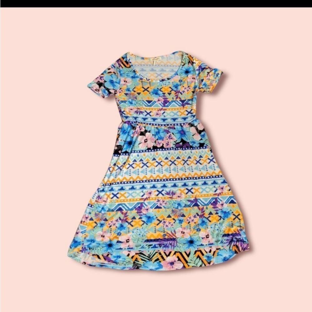 Capella apparel fun multi color floral print all over short sleeve mini dress